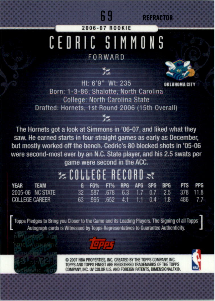 2006-07 Finest Rookie Autographs Refractors #69 Cedric Simmons B back image