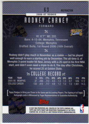 2006-07 Finest Rookie Autographs Press Plates Cyan #63 Rodney Carney back image