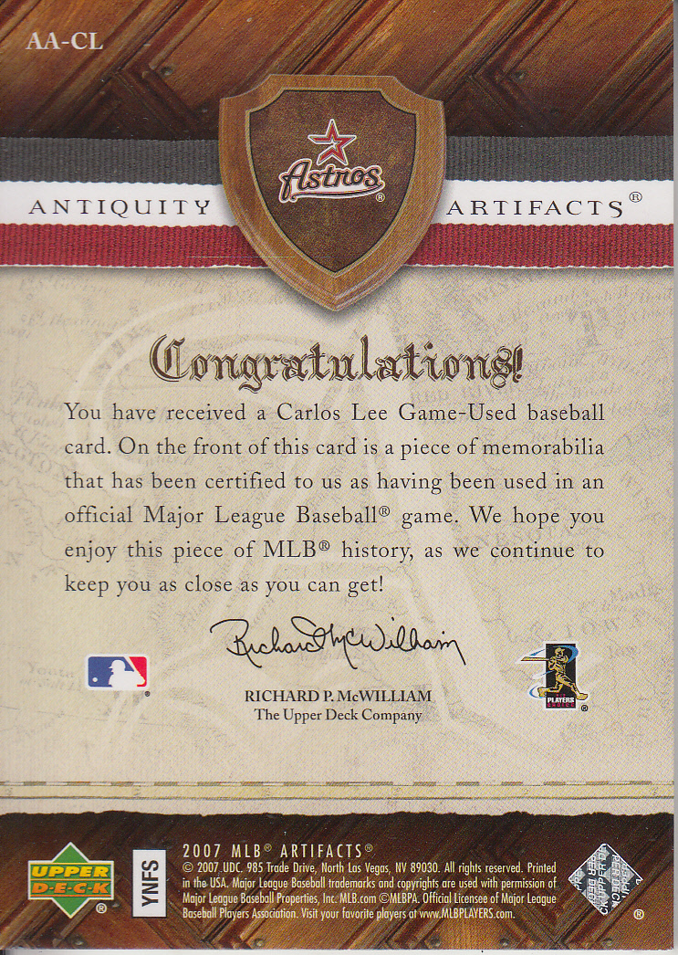 2007 Artifacts Antiquity Artifacts Patch #CL Carlos Lee back image