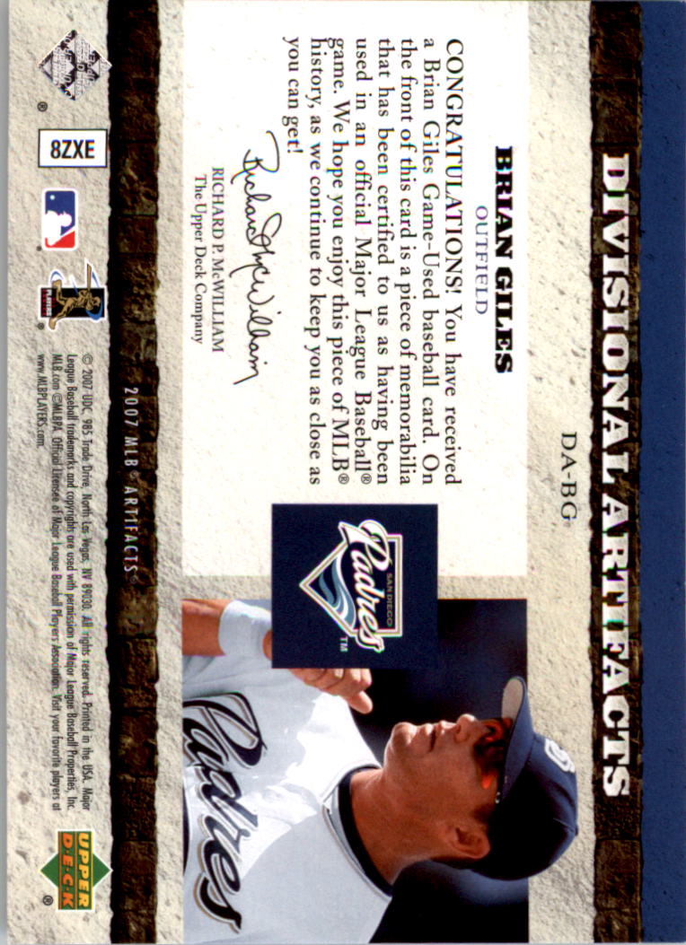 2007 Artifacts Divisional Artifacts Limited #BG Brian Giles back image