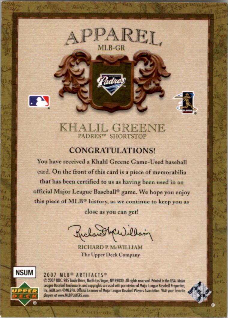 2007 Artifacts MLB Apparel Limited #GR Khalil Greene back image
