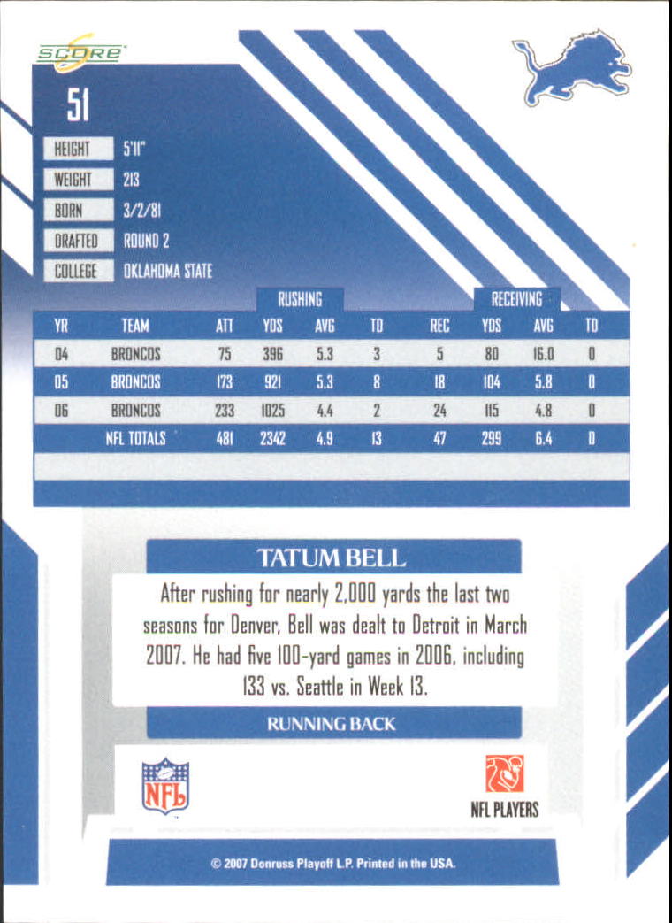 2007 Score #51 Tatum Bell back image