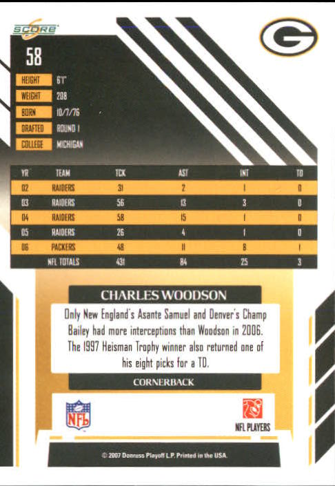 2007 Score #58 Charles Woodson back image