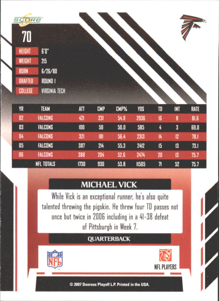 2007 Score #70 Michael Vick back image