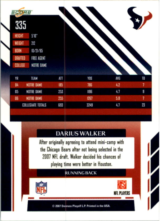 2007 Score #335 Darius Walker RC back image