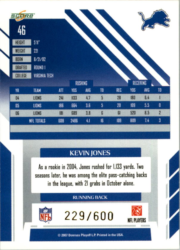 2007 Score Gold Zone #46 Kevin Jones back image