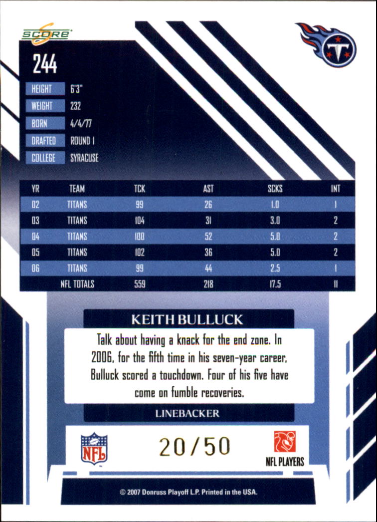 2007 Select Gold Zone #244 Keith Bulluck back image