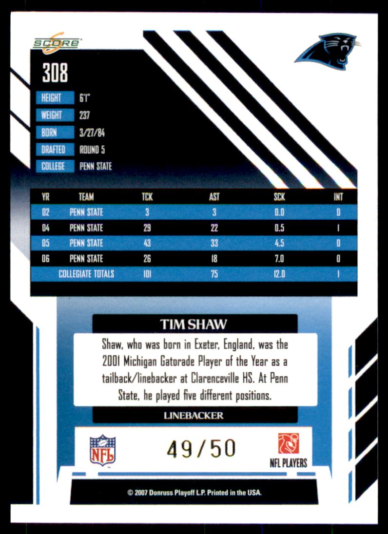 2007 Select Gold Zone #308 Tim Shaw back image