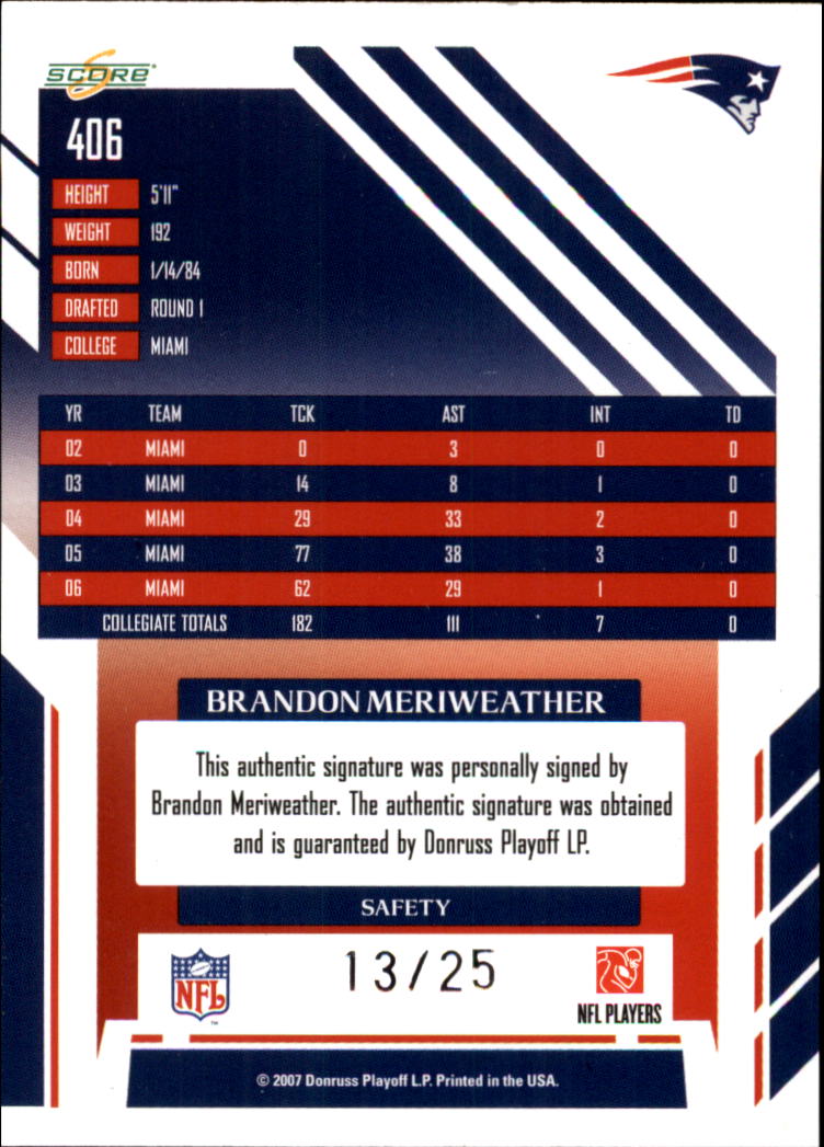2007 Select Autographs Red Zone #406 Brandon Meriweather/25 back image