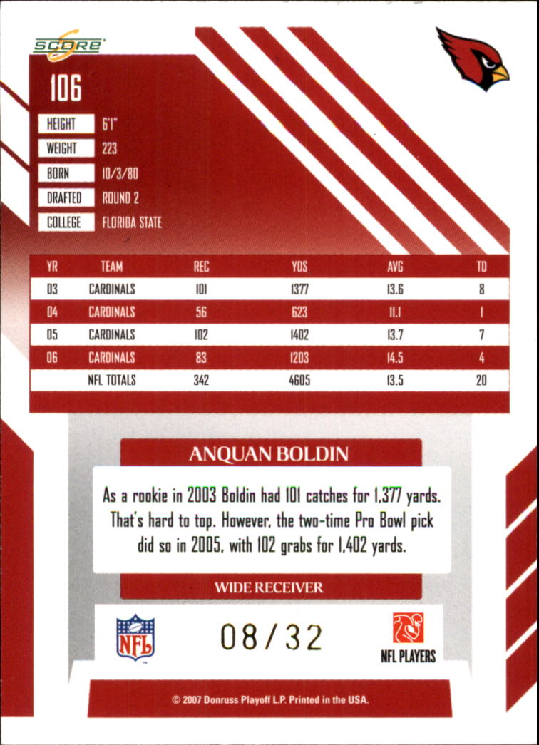 2007 Select Artist's Proof #106 Anquan Boldin back image
