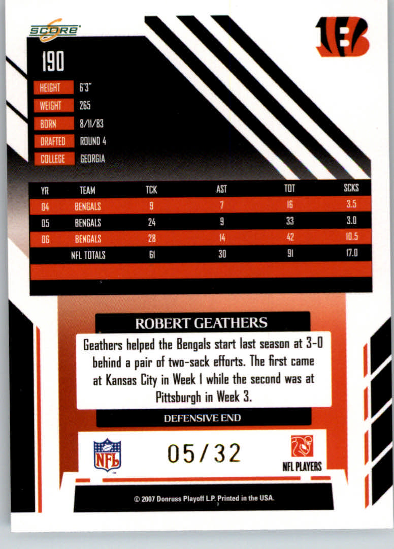 2007 Select Artist's Proof #190 Robert Geathers back image