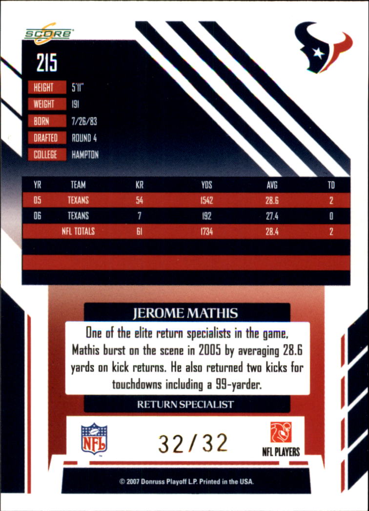 2007 Select Artist's Proof #215 Jerome Mathis back image