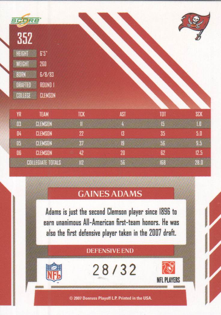 2007 Select Artist's Proof #352 Gaines Adams back image