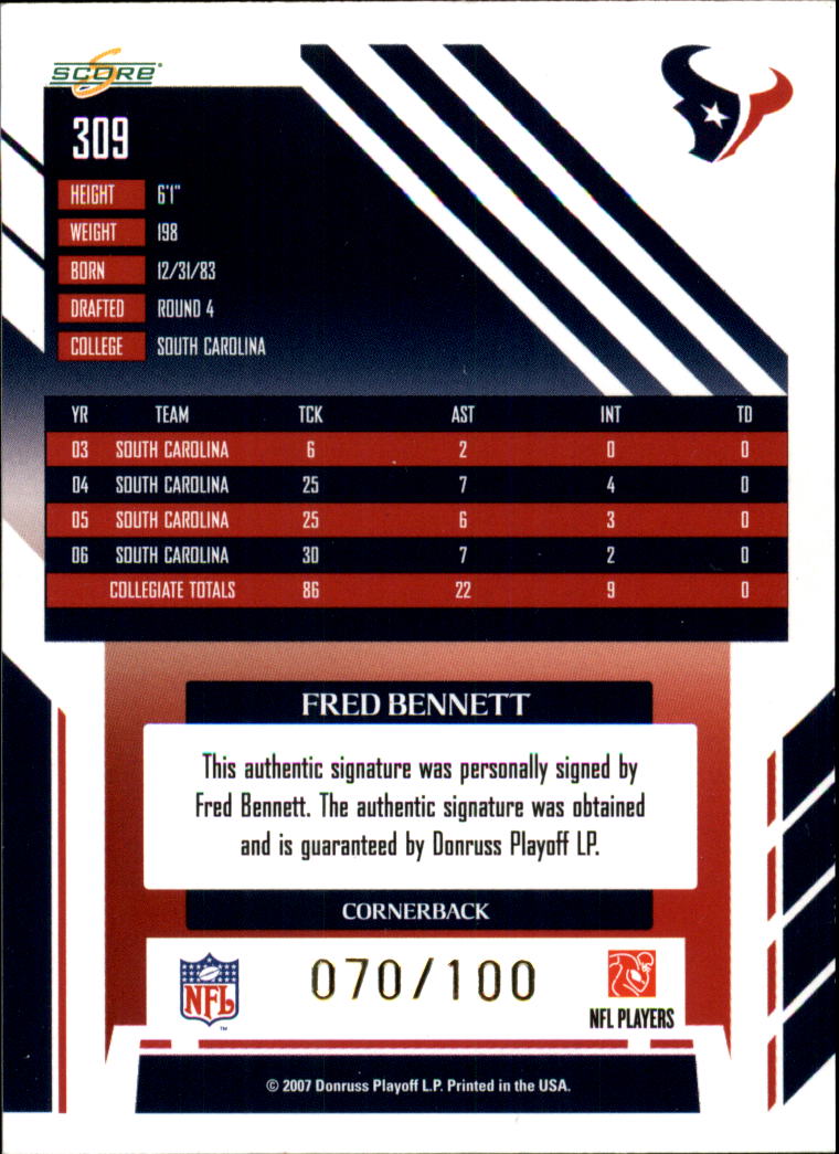 2007 Select Inscriptions #309 Fred Bennett/100 back image