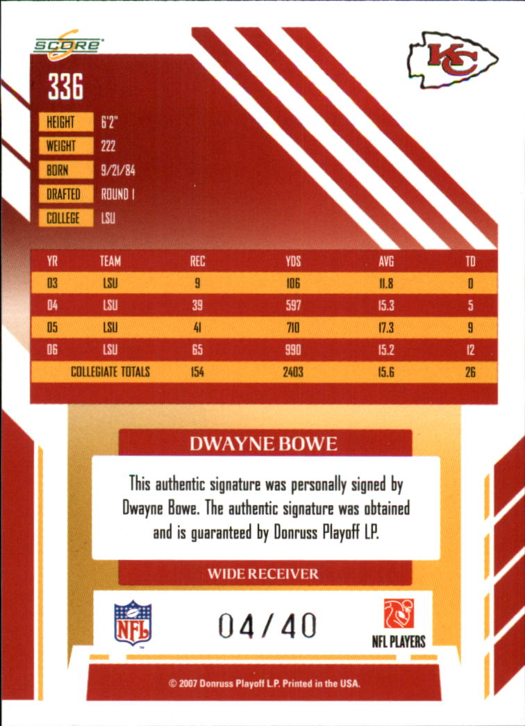 2007 Select Inscriptions #336 Dwayne Bowe/40 back image