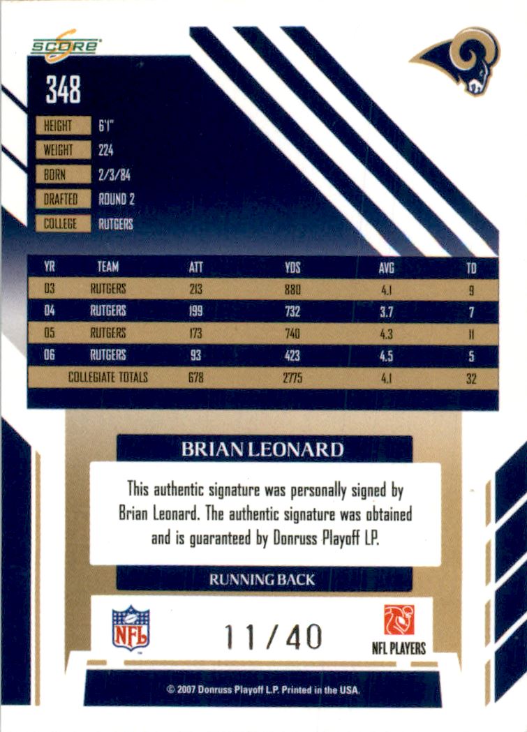 2007 Select Inscriptions #348 Brian Leonard/40 back image