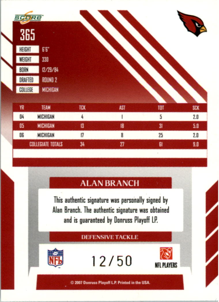 2007 Select Inscriptions #365 Alan Branch/50 EXCH back image