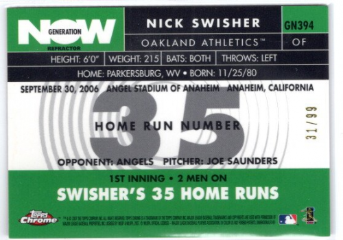 2007 Topps Chrome Generation Now Red Refractors #GN394 Nick Swisher back image