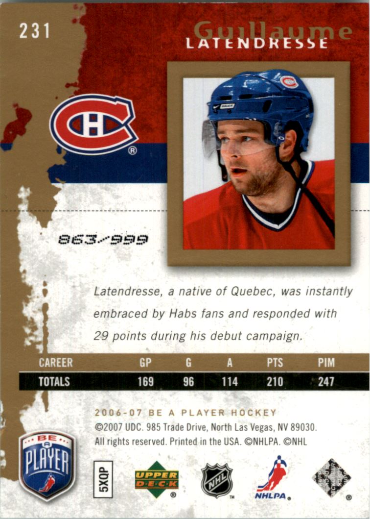 2006-07 Be A Player #231 Guillaume Latendresse RC back image