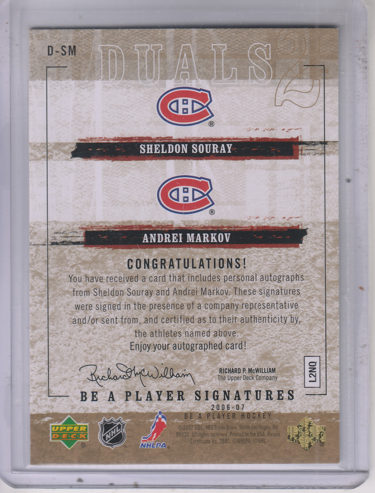2006-07 Be A Player Signatures Duals #DSM Andrei Markov/Sheldon Souray back image