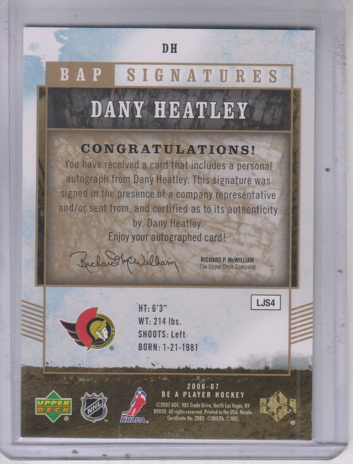 2006-07 Be A Player Signatures #DH Dany Heatley back image