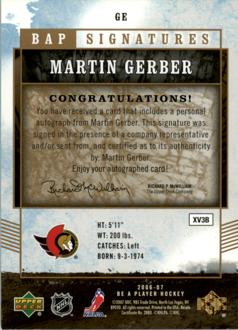 2006-07 Be A Player Signatures #GE Martin Gerber back image