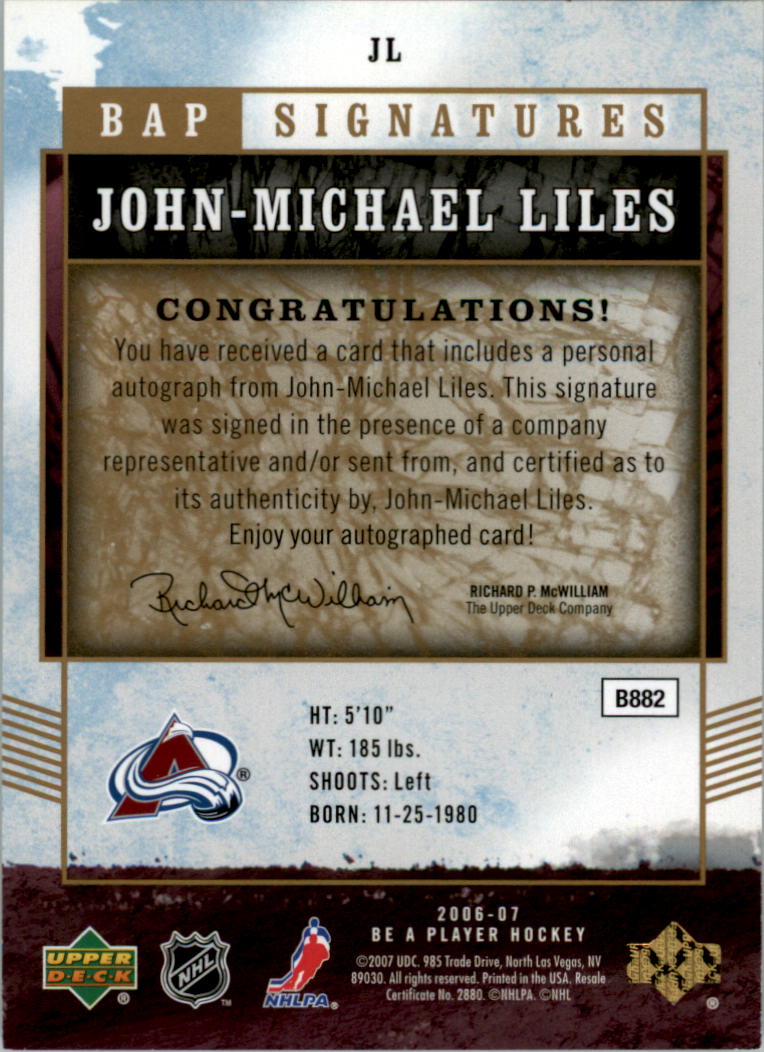 2006-07 Be A Player Signatures #JL John-Michael Liles back image