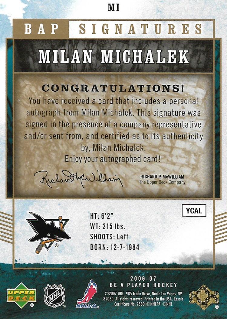 2006-07 Be A Player Signatures #MI Milan Michalek back image