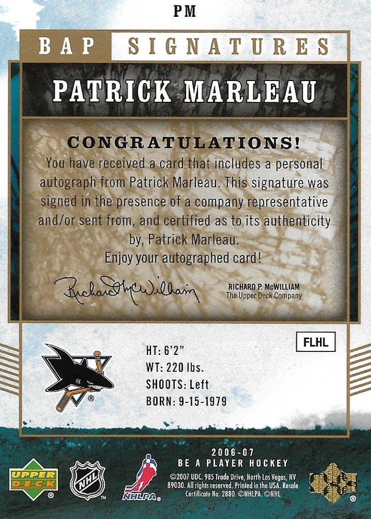 2006-07 Be A Player Signatures #PM Patrick Marleau back image