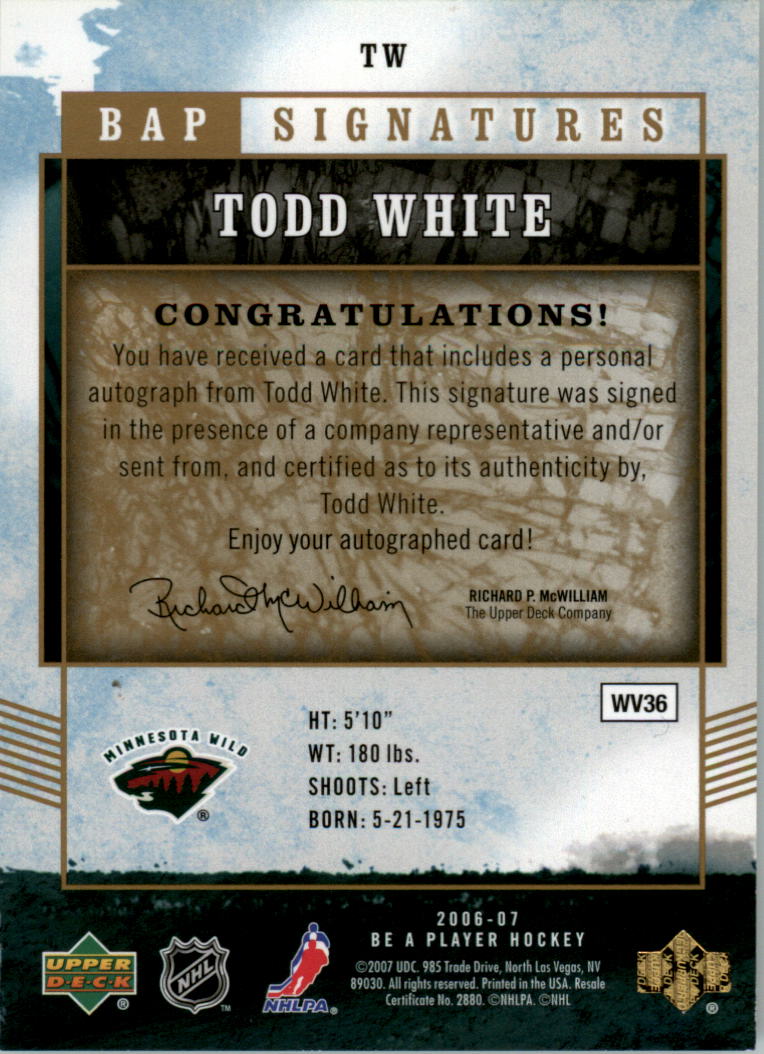 2006-07 Be A Player Signatures #TW Todd White back image