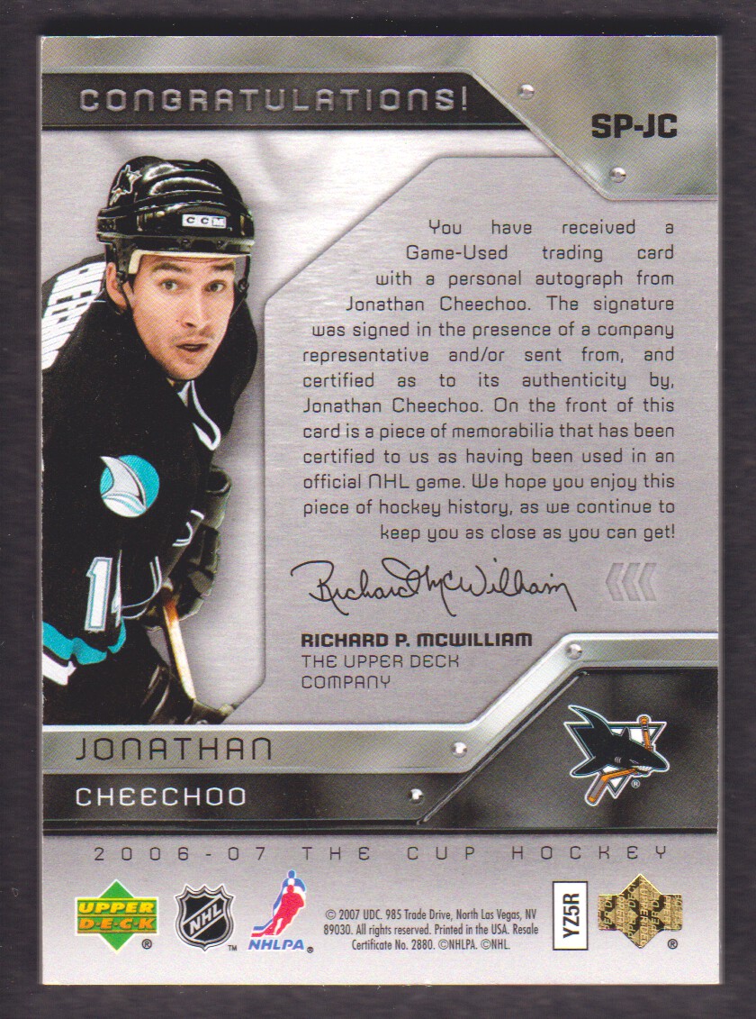 2006-07 The Cup Signature Patches #SPJC Jonathan Cheechoo back image