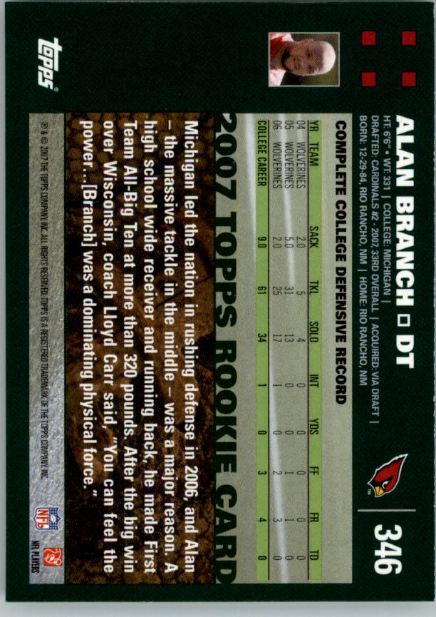 2007 Topps First Edition #346 Alan Branch back image