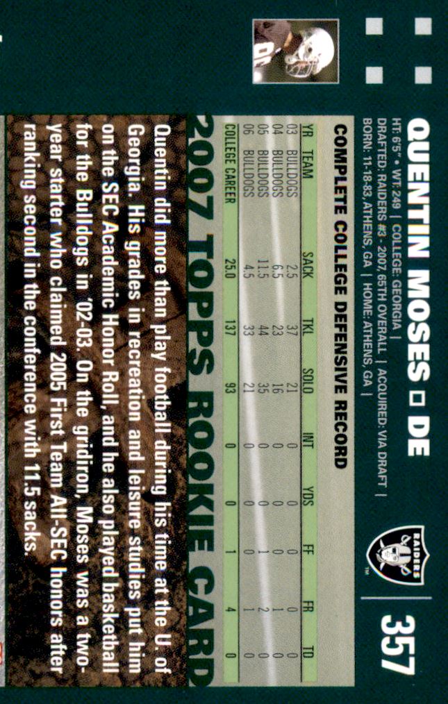 2007 Topps First Edition #357 Quentin Moses back image