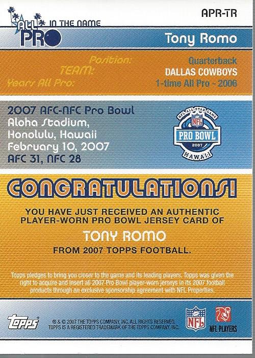 2007 Topps All Pro Relics #TR Tony Romo back image