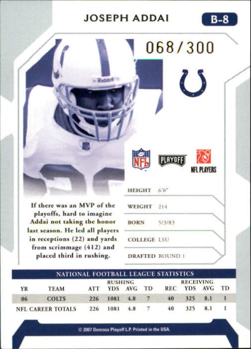 2007 Playoffs NFL Playoffs Preview Bonus Gold #B8 Joseph Addai
