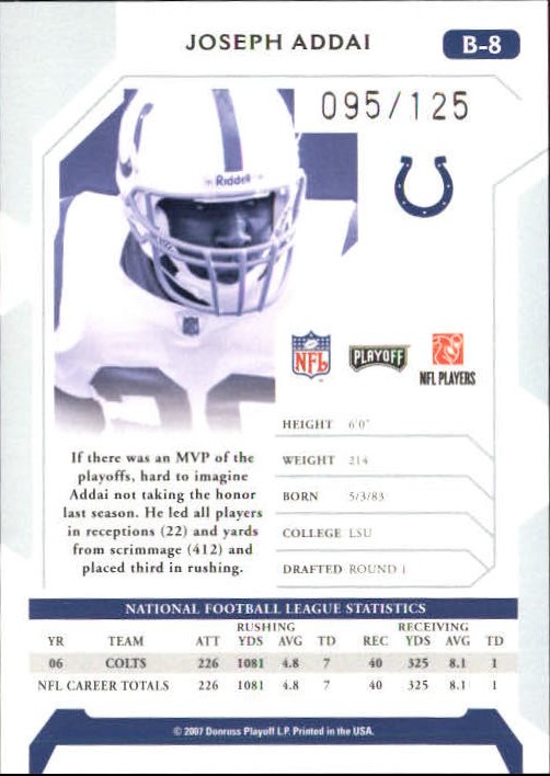 2007 Playoffs NFL Playoffs Preview Bonus Green #B8 Joseph Addai