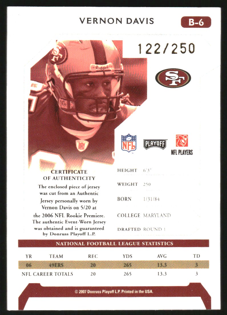 2007 Playoffs NFL Playoffs Preview Bonus Jerseys Gold #B6 Vernon Davis