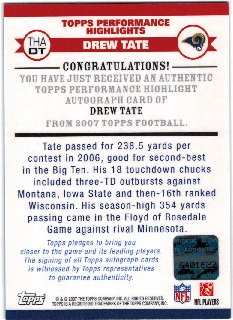 2007 Topps Performance Highlights Autographs #THADT Drew Tate F back image