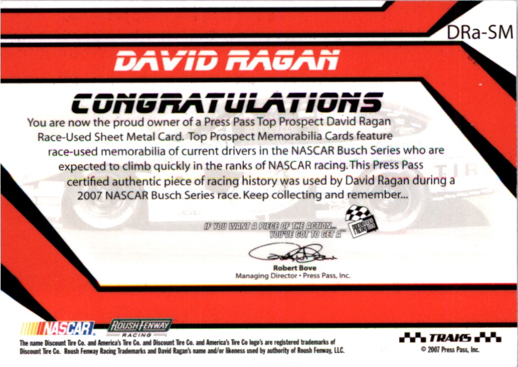 2007 Press Pass Top Prospects Sheet Metal #DRASM David Ragan back image