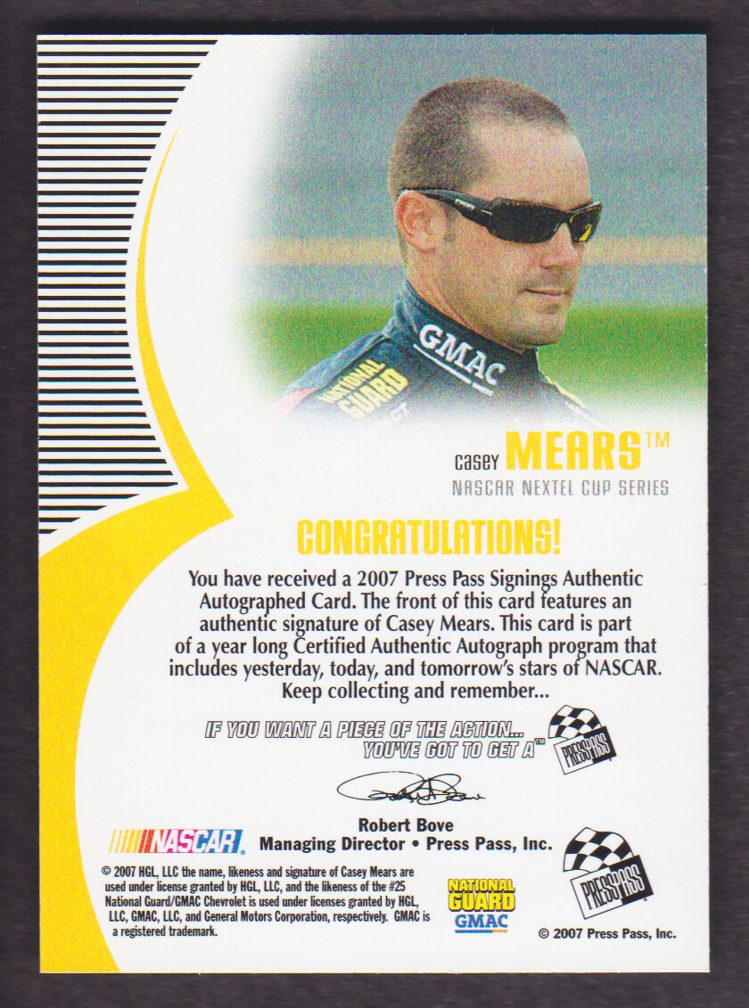 2007 Press Pass Signings Silver #35 Casey Mears NC T back image