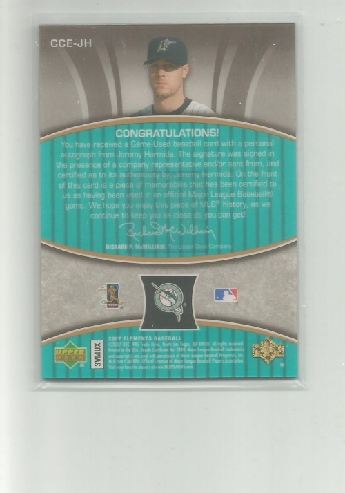 2007 Upper Deck Elements Clear Cut Elements Bronze #JH Jeremy Hermida back image