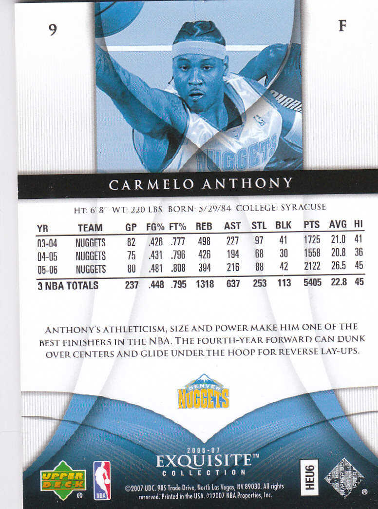2006-07 Exquisite Collection #9 Carmelo Anthony back image