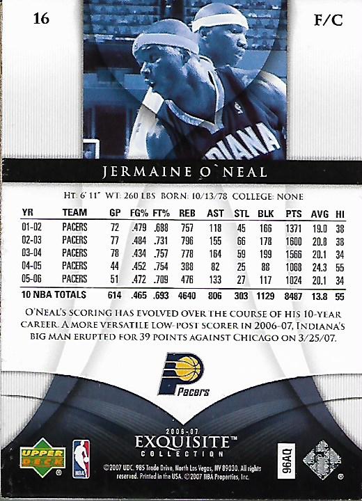 2006-07 Exquisite Collection #16 Jermaine O'Neal back image