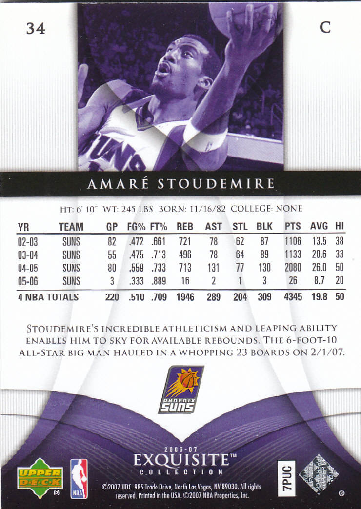2006-07 Exquisite Collection #34 Amare Stoudemire back image