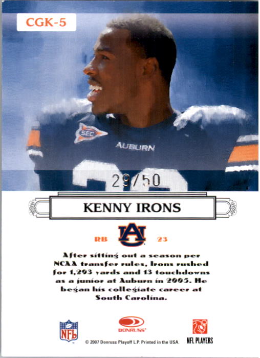 2007 Donruss Threads College Gridiron Kings Framed Blue #5 Kenny Irons back image
