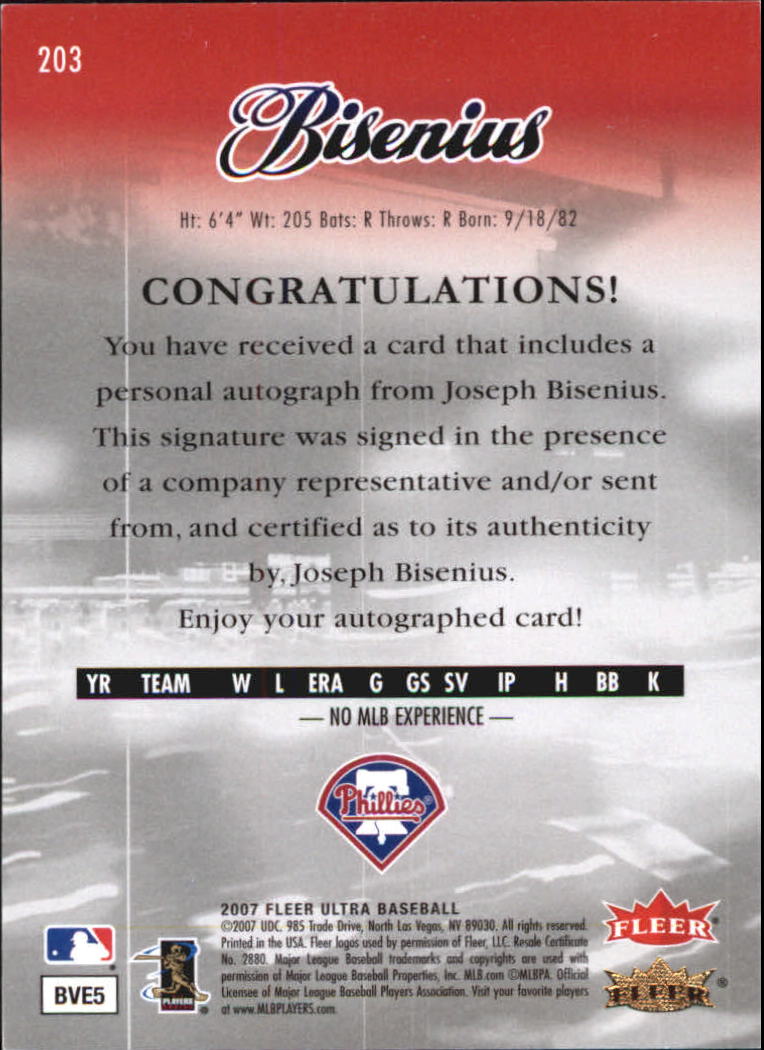 2007 Ultra Rookie Autographs #203b Joseph Bisenius/349 back image