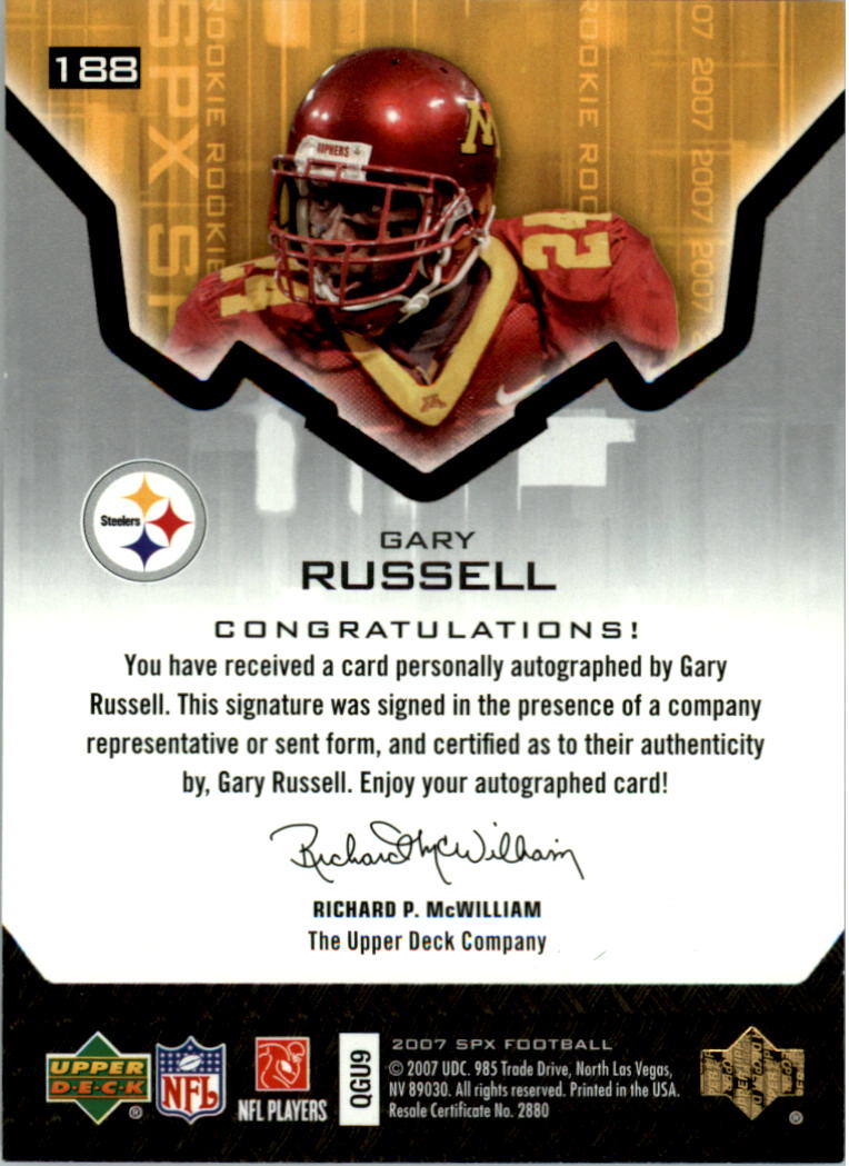 2007 SPx #188 Gary Russell AU RC back image