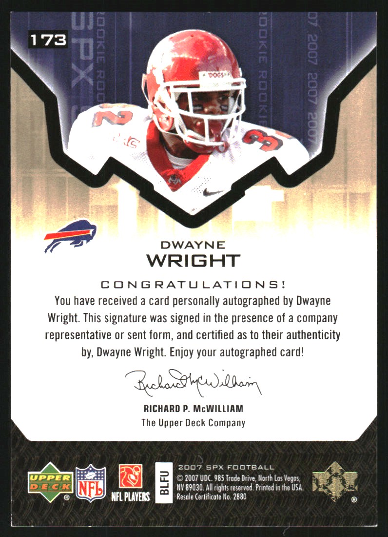 2007 SPx Gold Rookies #173 Dwayne Wright AU back image