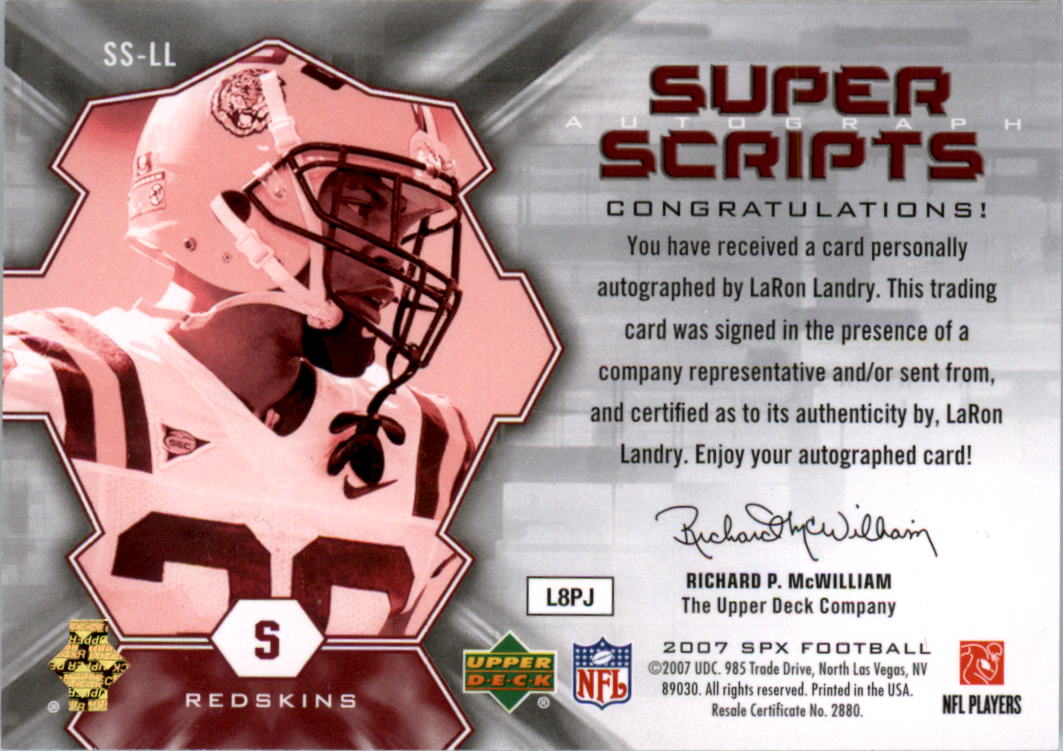 2007 SPx Super Scripts Autographs #SSLL LaRon Landry back image