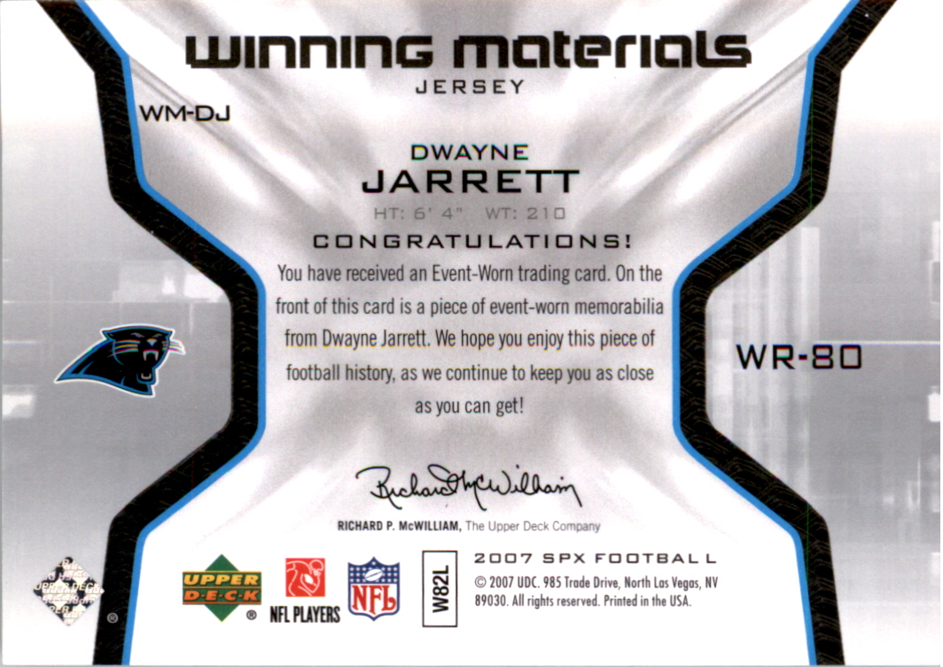 2007 SPx Winning Materials Jersey Number #WMDJ Dwayne Jarrett back image